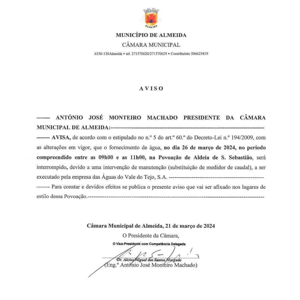 Aviso De Interrupção Do Fornecimento De Água Em Aldeia De S. Sebastião 26 03 2024