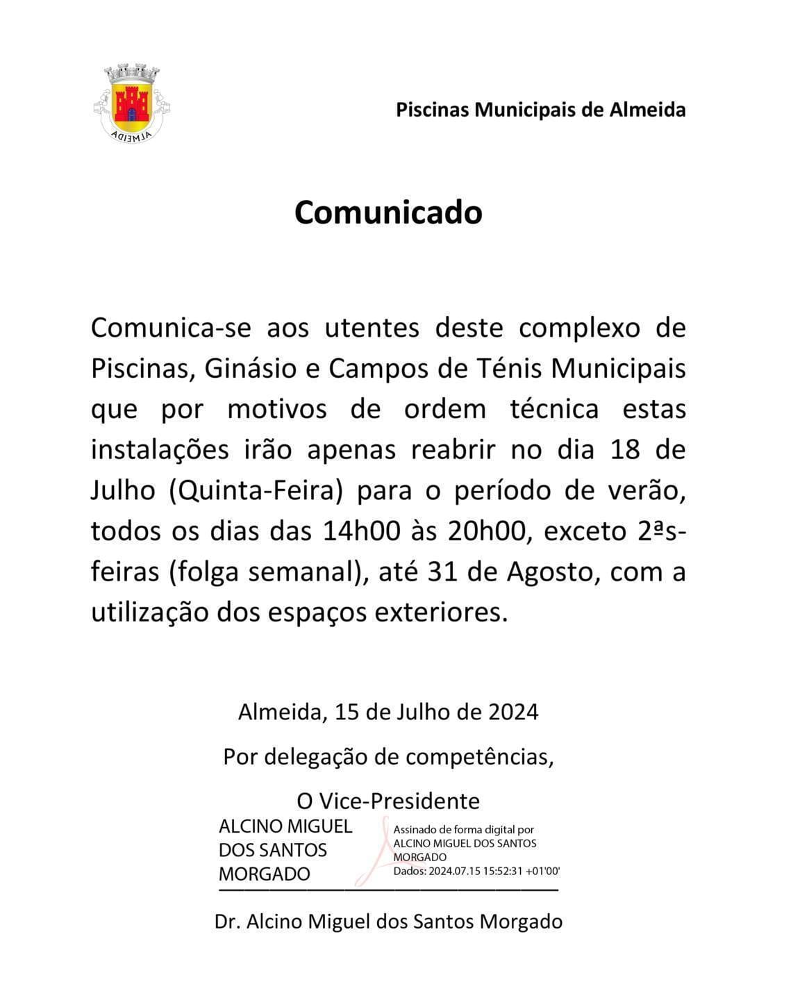 Comunicado Piscinas Municipais Face Insta