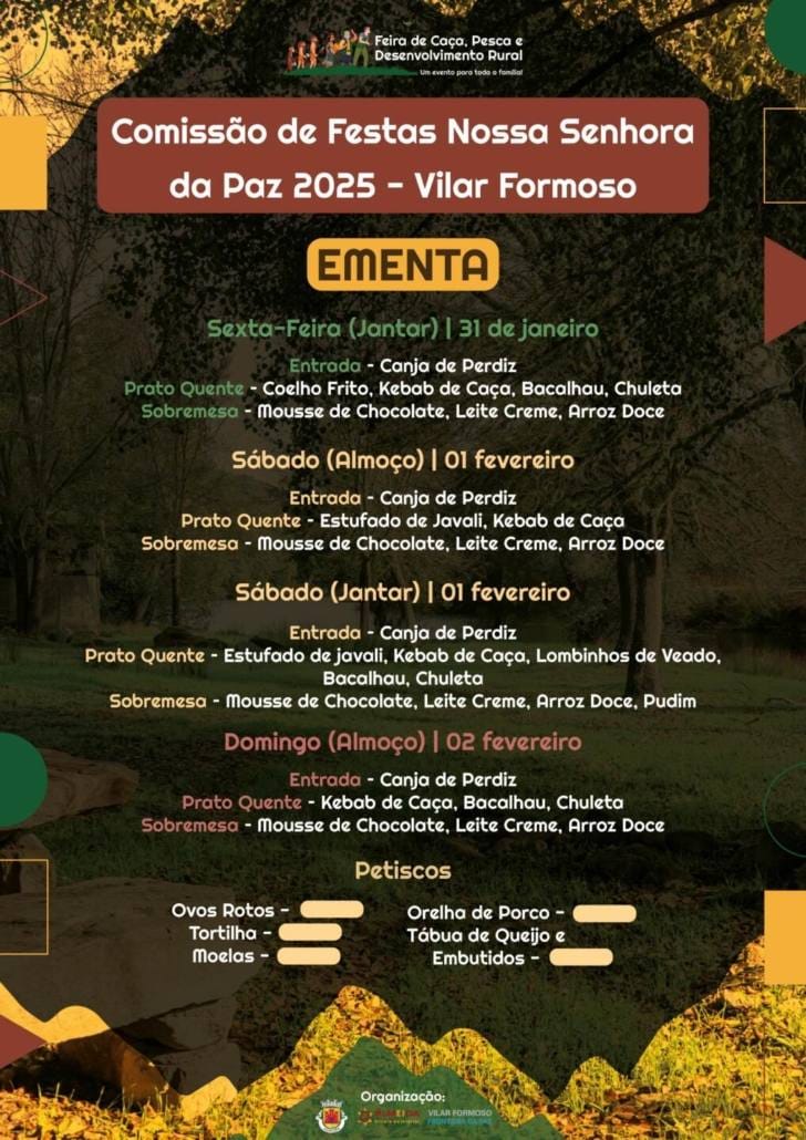 Tasquinhas com cardápios de "Caça, Pesca, Enchidos... não faltam à mesa!"