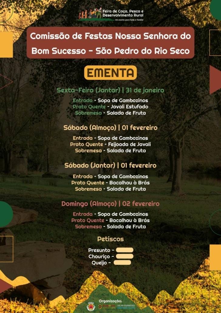 Tasquinhas com cardápios de "Caça, Pesca, Enchidos... não faltam à mesa!"