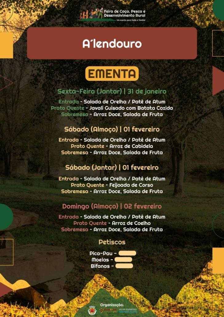 Tasquinhas com cardápios de "Caça, Pesca, Enchidos... não faltam à mesa!"