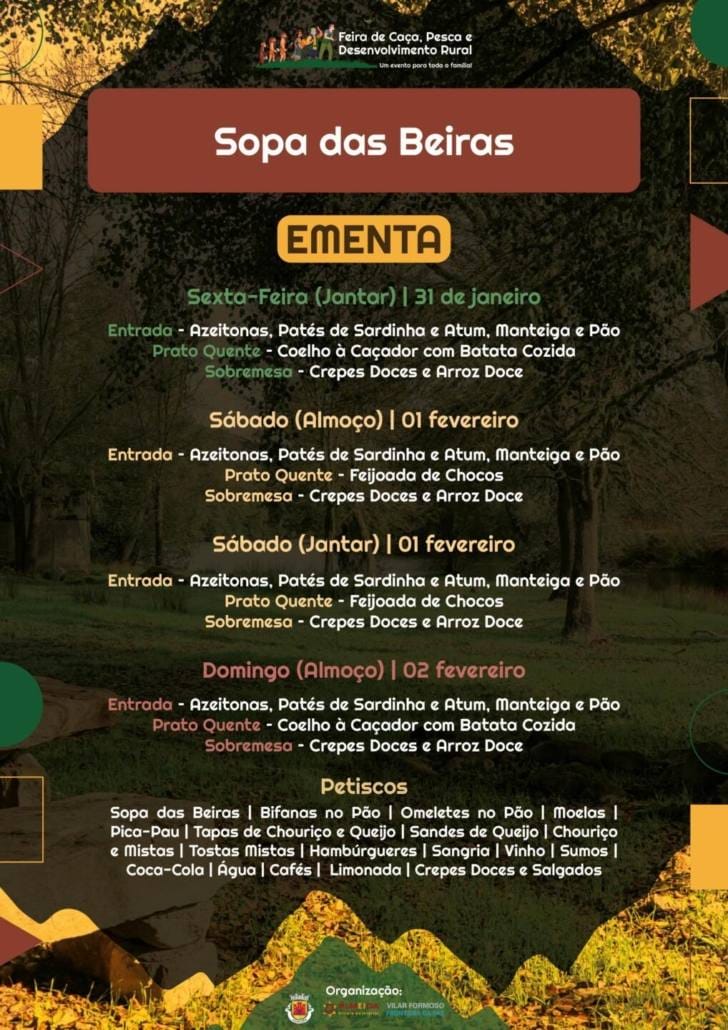 Tasquinhas com cardápios de "Caça, Pesca, Enchidos... não faltam à mesa!"