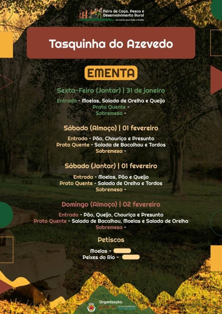 Tasquinhas com cardápios de "Caça, Pesca, Enchidos... não faltam à mesa!"