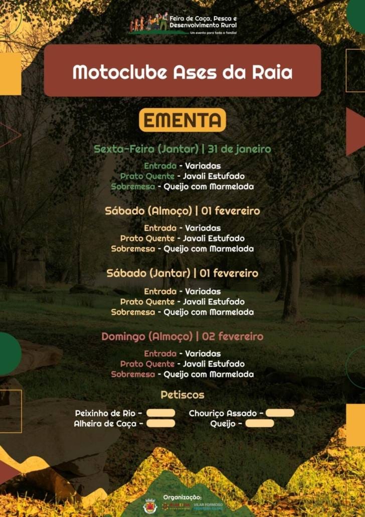 Tasquinhas com cardápios de "Caça, Pesca, Enchidos... não faltam à mesa!"