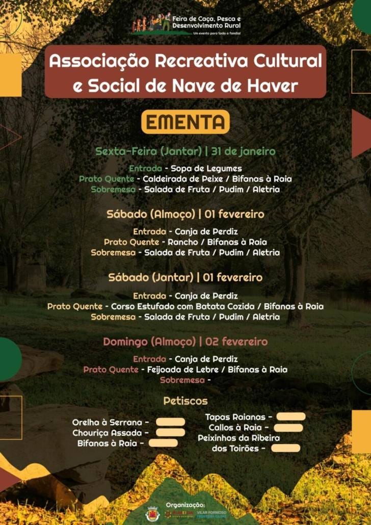 Tasquinhas com cardápios de "Caça, Pesca, Enchidos... não faltam à mesa!"