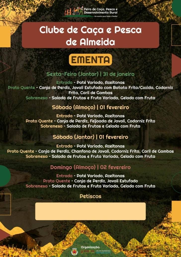 Tasquinhas com cardápios de "Caça, Pesca, Enchidos... não faltam à mesa!"