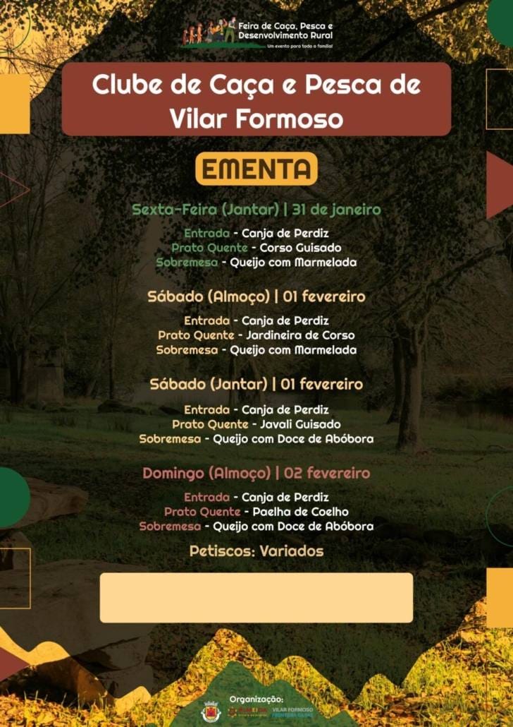 Tasquinhas com cardápios de "Caça, Pesca, Enchidos... não faltam à mesa!"