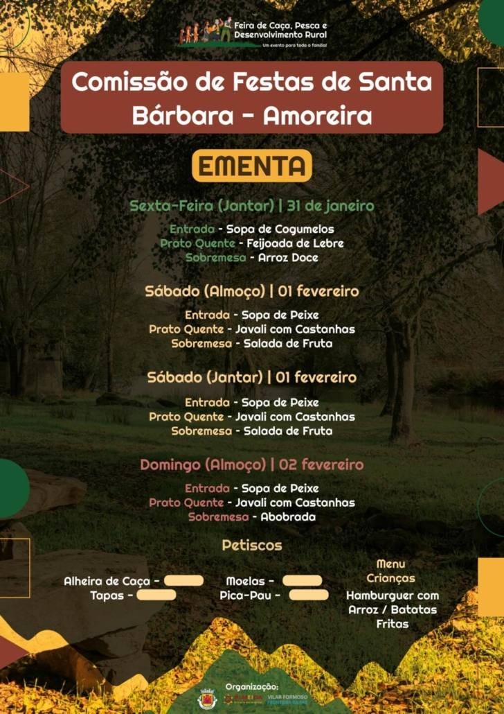 Tasquinhas com cardápios de "Caça, Pesca, Enchidos... não faltam à mesa!"