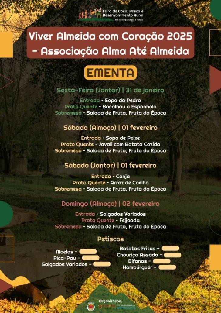 Tasquinhas com cardápios de "Caça, Pesca, Enchidos... não faltam à mesa!"