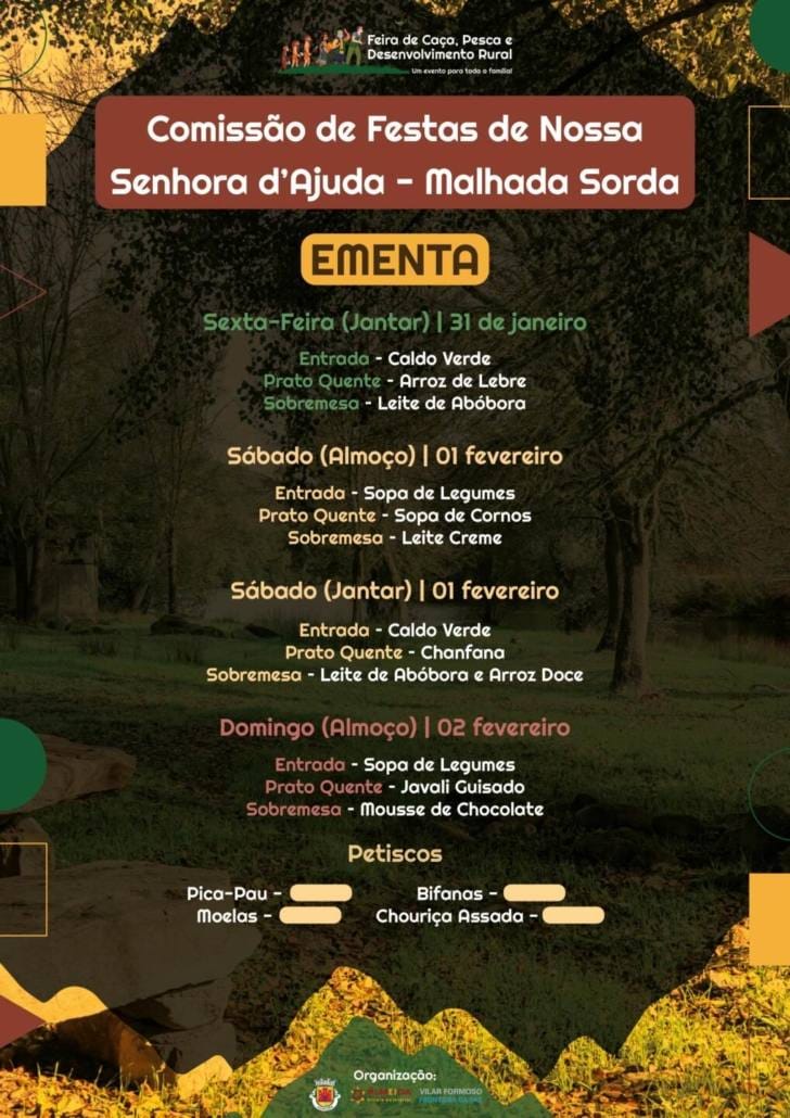 Tasquinhas com cardápios de "Caça, Pesca, Enchidos... não faltam à mesa!"