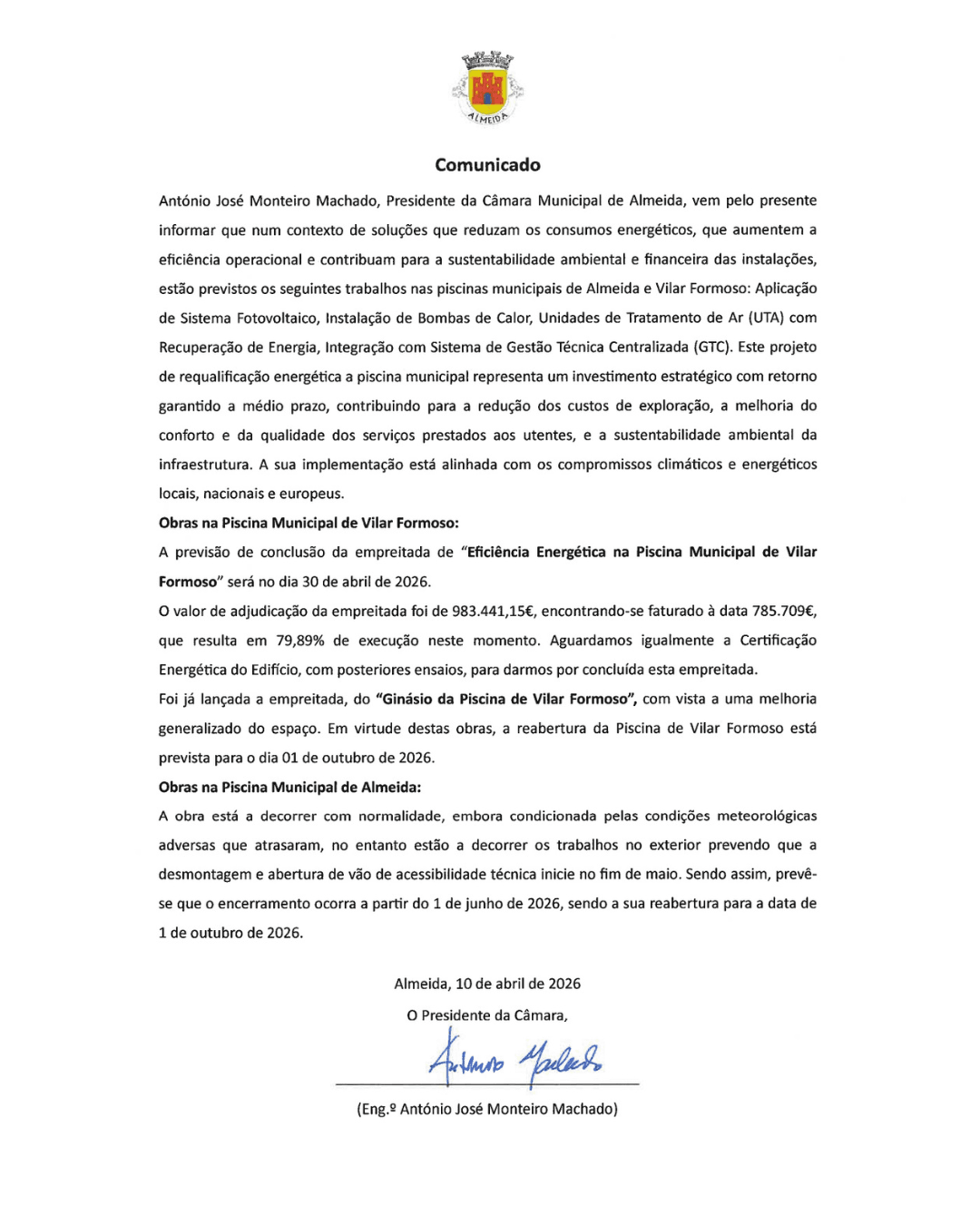 Comunicado -Encerramento e Reabertura das Piscinas Municipais