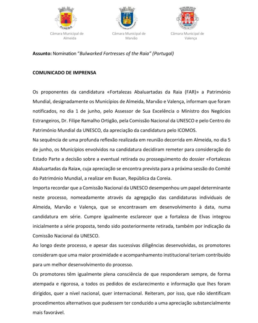 Comunicado Nomination “bulwarked Fortresses Of The Raia” (portugal) 1